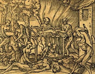 Tupinamba kannibalenstam in Brazilië, gravure uit Les singularitez de la France antarctique, door Andre