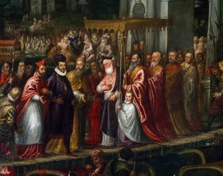 Doge Mocenigo en Patriarch Trevisan verwelkomen Hendrik III op de Lido in 1574