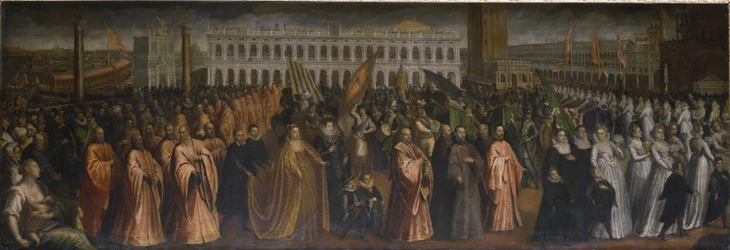 De dogaressa Marina Morosini-Grimani verlaat Palazzo Grimani voor haar kroning in het Palazzo Ducale, Venetië