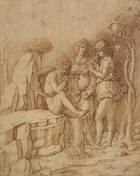 Drie muzikanten in een landschap