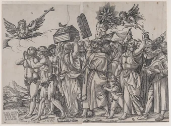 Sectie A: een engel die een kruis vasthoudt linksboven, Adam en Eva hieronder, uit De Triomf van..., 1836