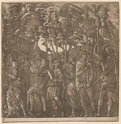 De Triomf van Julius Caesar: Soldaten die Banners en Standaarden Dragen