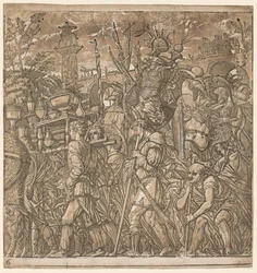 De triomf van Julius Caesar: Soldaten dragen vazen en oorlogstrofeeën