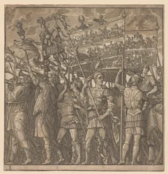De Triomf van Julius Caesar: Soldaten die de Afbeeldingen van de Oorlog Dragen