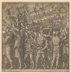 De triomf van Julius Caesar: Soldaten dragen de afbeeldingen van oorlog, 1593-99