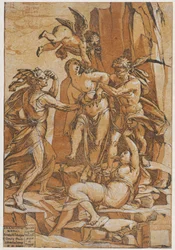 Deugd als een jonge vrouw in het midden van vier figuren die liefde, dwaling, onwetendheid..., 1585 vertegenwoordigen