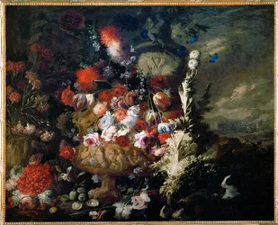 Vaas met bloemen en vruchten in een landschap - Vase de fleurs et fruits dans un paysage ...