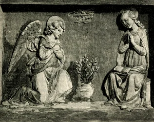 Aankondiging, door Andrea Della Robbia, oratorium van de Madonna del Buon Consiglio, Prato, Toscane, Italië, houtsnede uit Le cento citta d