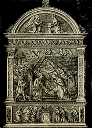 Geboorte, terracotta altaarstuk door Andrea della Robbia, uit de kerk van Sint Clara, Civiek Museum van Sansepolcro, Toscane, Italië, houtsnede uit Le cento citta d