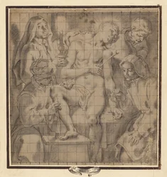 Figuren die de gewonde Sint-Sebastiaan verzorgen