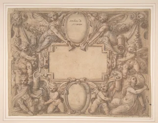Een cartouche en twee schilden omringd door allegorische figuren, 1570-1631