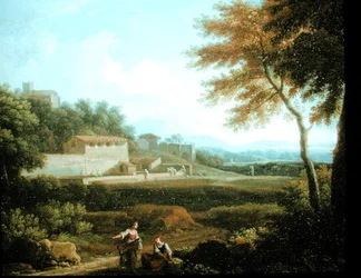Landschap met figuren in rust met een stad op de achtergrond