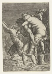 Man draagt vrouw op zijn rug en een satyr