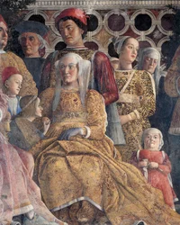 Barbara van Brandenburg met haar dochter Paula en Rodolfo Gonzaga, detail van Hofmuur, door Andrea Mantegna, fresco, San Giorgio Kasteel, Huwelijkskamer of Camera Picta, Mantua