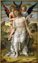 Christus als de lijdende Verlosser, gezeten op een sarcofaag, ondersteund door twee engelen (schilderij op doek)