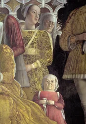 Dwerg en andere hovelingen van het groepsportret van de familie en het hof van Marchese Ludovico Gonzaga III van Mantua (detail)