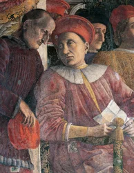Ludovico Gonzaga en raadsman Marsilio Andreasi, detail van Hofmuur door Andrea Mantegna, fresco, San Giorgio Kasteel, Huwelijkskamer of Camera Picta, Mantua