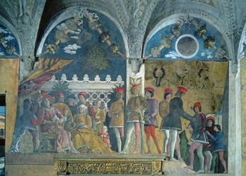 Markies Ludovico Gonzaga III, zijn vrouw Barbara van Brandenburg, hun kinderen, hovelingen en hun hond Rubino, uit de Camera degli Sposi of Camera Picta, 1465-74