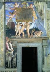 Putti met vlindervleugels die de dedicatieplaquette ondersteunen, met jachthonden en hun begeleiders eronder, uit de Camera degli Sposi of Camera Picta, 1465-74 (detail van 78449)