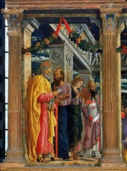 San-Zeno-altaar. Linkerkant. Afgebeeld zijn Simon Petrus, Paulus van Tarsus, Johannes de Evangelist en Zenon van Verona