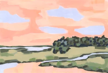 Perzikkleurige lucht en groen land, 2023