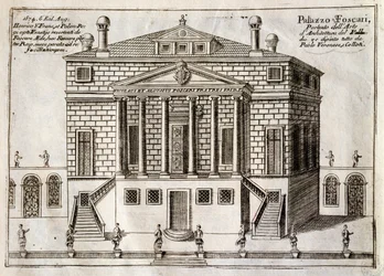 Hoofdgevel van Villa Foscari, bekend als La Malcontenta, Mira, ontworpen door Andrea Palladio (1508-1580), gravure uit Langs het Brenta-kanaal, bijna een stadswijk van Venetië, door Vincenzo Coronelli (1650-1718), Venetië