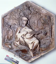 Poëzie, zeshoekige decoratieve reliëftegel uit een serie die de Zeven Vrije Kunsten uitbeeldt, mogelijk gebaseerd op ontwerpen van Giotto, ca. 1334-48