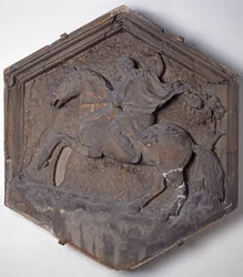 De Kunst van het Jagen, hexagonale decoratieve reliëftegel uit een serie die de beoefenaars van de Kunsten en Wetenschappen uitbeeldt, mogelijk gebaseerd op ontwerpen van Giotto, ca. 1334-48