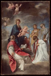 De Madonna en Kind met Heiligen Ignatius van Loyola, Franciscus Xaverius, Cosmas en Damianus
