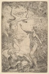 Apollo rechts met een boog die Daphne achtervolgt