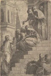 Christus spreekt een groep vrouwen toe die zitten en staan op trappen, ca. 1541-44