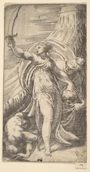 Judith met haar zwaard geheven in haar rechterhand, het hoofd van Holofernes plaatsend in de zak