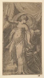 Judith met haar zwaard opgeheven in haar rechterhand en het hoofd van Holofernes plaatsend