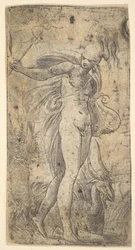 Mercurius staande met een caduceus in zijn rechterhand, een lier in zijn linkerhand