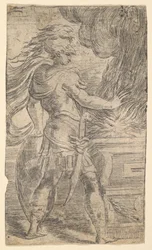 Mutius Scaevola die zijn hand in de vlammen steekt linkerhelft van een compositie, waarvan de rechter..., ca. 1540