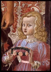 Maagd en kind met twee engelen, Sint Jan de Doper en een andere heilige, en twee kinderen van de Pazzi-familie (detail)