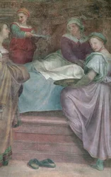 Dames in afwachting, detail van de geboorte van de Maagd