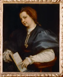 Portret van een meisje met de Petrarchino, een kleine uitgave van gedichten van Petrarca (schilderij op hout)