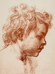 Studie voor het hoofd van St. Johannes (kind) van de Heilige Familie, Palatina Gallery, Pitti; tekening door Andrea del Sarto, Gabinetto dei Disegni e Stampe, Uffizi Gallery, Florence