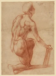 Studie van een knielende figuur met een schets van een gezicht (recto); figuurstudie en gezicht (verso)