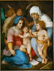 De Heilige Familie. Heilige Maria, Jezus, Johannes Baptist en zijn moeder Heilige Elisabeth ...