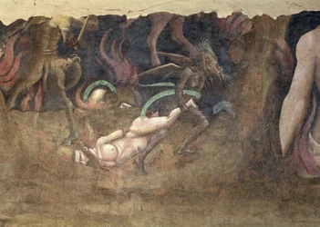 De triomf van de dood, detail van een duivel die een zondaar naar de hel wegvoert, 1348