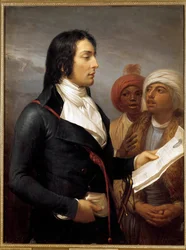 Campagne van Egypte (1798-1801): Portret van Generaal Charles Antoine Desaix de Veygoux die een agenda van Generaal Bonaparte voorleest aan twee Egyptenaren tijdens de Expeditie van Egypte