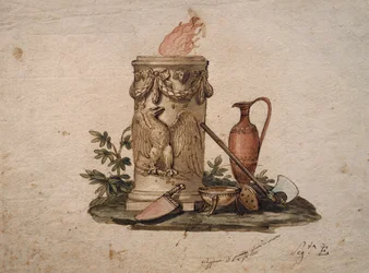Kolomvormige vuurkorf, versierd met festoenen en adelaar, met snijwapens, beker en amphora, schilderij door Andrea Appiani, Italië