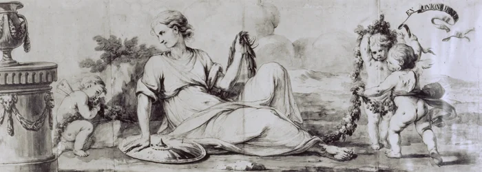 Vrouwelijke figuur met putti, allegorische compositie, ca. 1754, ontwerp door Andrea Appiani (1754-1817) voor ladekast-bureau door Giuseppe Maggiolini, Italië