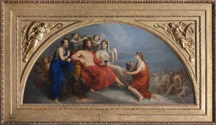 De Olympus (Jupiter, gekroond met mirte door de Uren, biedt een beker aan Ganymedes aan om nectar te serveren)