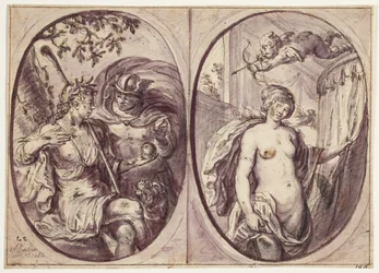 Twee ovale composities op één blad. Links zit een herderin (Diana?) met een staf en een hond aan haar zijde. Ze houdt een appel vast, die Mercurius in een mantel lijkt te hebben gebracht; daarop staat: 