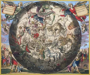 Noordelijk (boreaal) halfrond, uit „De hemelatlas, of de harmonie van het universum”, gegraveerd door Pieter Schenk (1660-1719) en Gerard Valk (1651-1726)