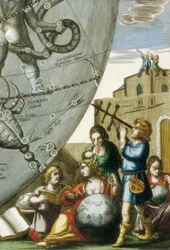 Wetenschappers (astrologen en astronomen) bestuderen globes en de hemelkaart, detail uit Atlas Coelestis seu Harmonia Macrocosmica door Andreas Cellarius (1596-1665)