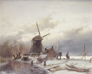 Een bevroren rivierlandschap met een windmolen